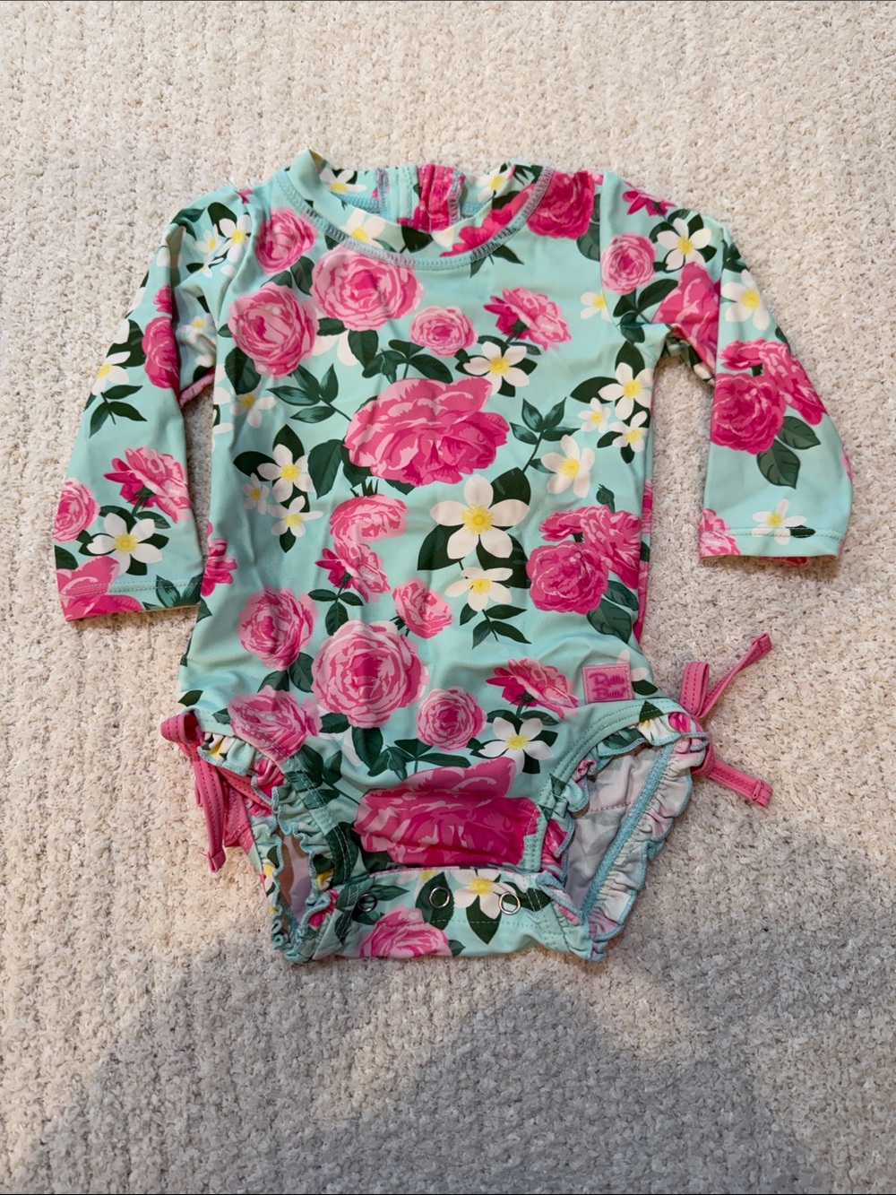 Ruffle Butts Floral Long-Sleeve One-Piece Swimsuit - Mint with Pink Roses
